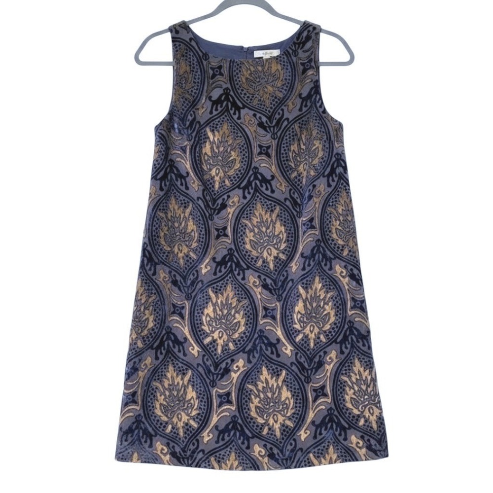 LOFT Shift Dress Navy Blue Gold Damask Velvet Burnout Sleeveless Womens XS